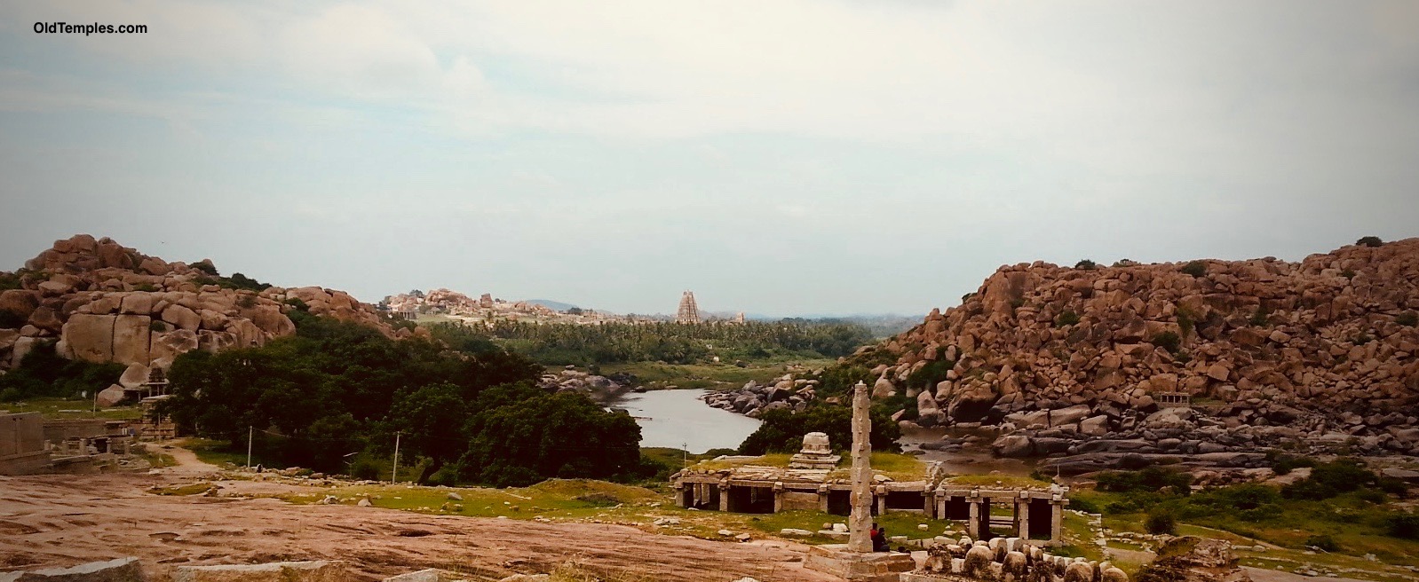 Hampi view. Tungabhadra River and Virupaksha Temple